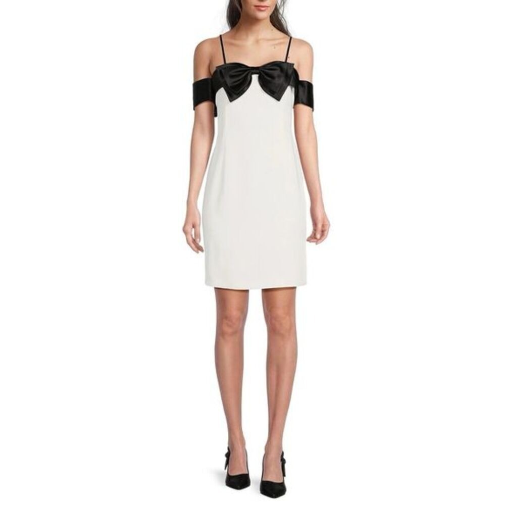 NWT Alex Marie Cleo Two Tone Color Block Off-The-Shoulder Bow Satin Mini Dress‎